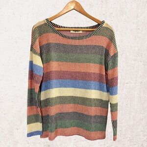 Orange and Green Crew Neck Striped Sweater